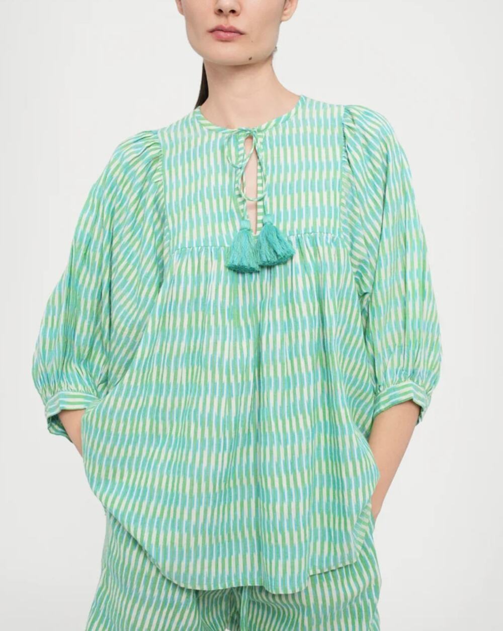 MILLE Resort & Travel Tuckernuck Thalia Tassel Top Blouse Green & Blue Ikat NWT